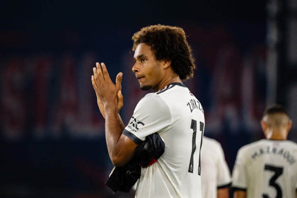 Joshua Zirkzee of Manchester United applauds fans following the Premier League match between Crystal Palace FC and Manchester United FC at Selhurst...