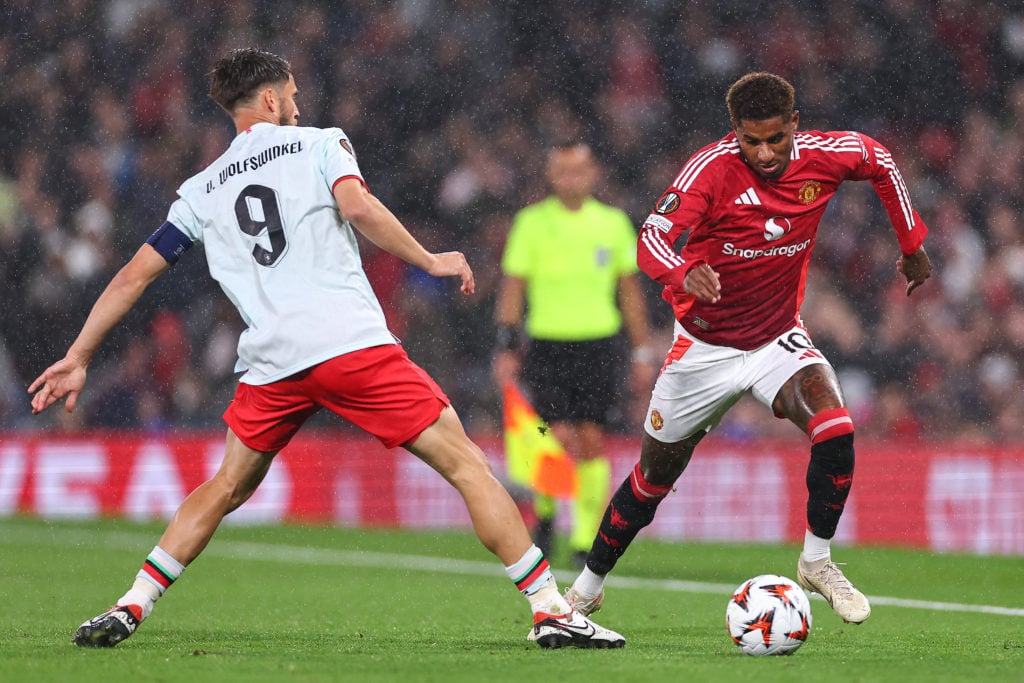 Ricky van Wolfswinkel of FC Twente and Marcus Rashford of Manchester United during the UEFA Europa League 2024/25 League Phase MD1 match between Ma...