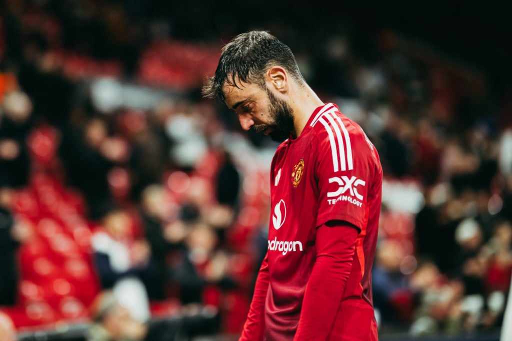 Bruno Fernandes of Manchester United walks off at the end of the UEFA Europa League 2024/25 League Phase MD1 match between Manchester United and FC...