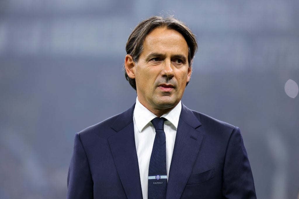 Simone Inzaghi Head Coach of FC Internazionale looks on prior to the Serie A match between FC Internazionale and AC Milan at Stadio Giuseppe Meazza...