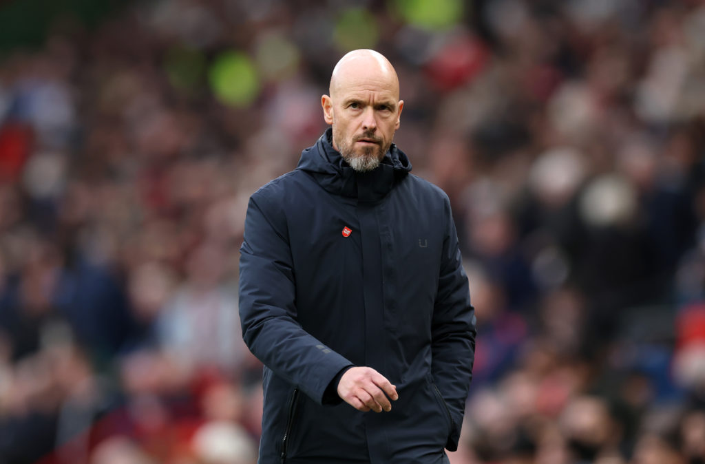 Erik ten Hag, Manager of Manchester United, reacts during the Premier League match between Manchester United FC and Tottenham Hotspur FC at Old Tra...