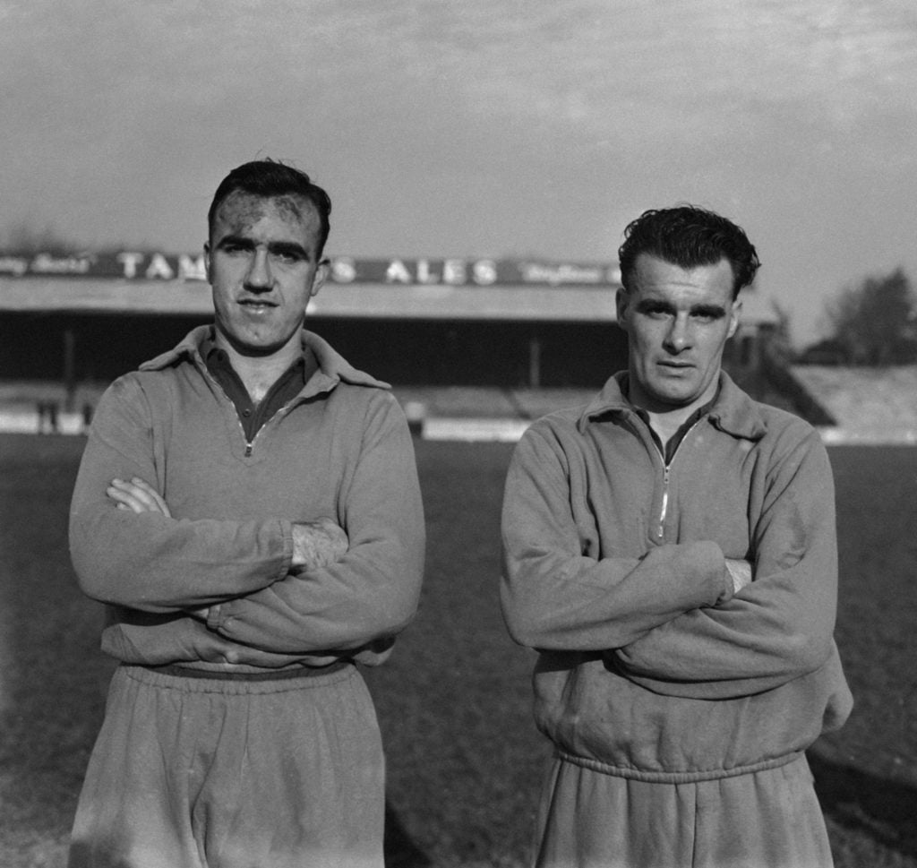 Manchester United forward Johnny Aston, left, and striker Stan Pearson, 1949.