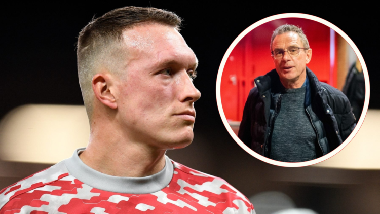 Phil Jones side headshot looking stern. Inset, Ralf Rangnick wearing coat and jumper, smiling