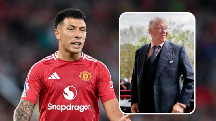 Lisandro Martinez playing in red Man Utd shirt. Inset, Sir Alex Ferguson wearing suit
