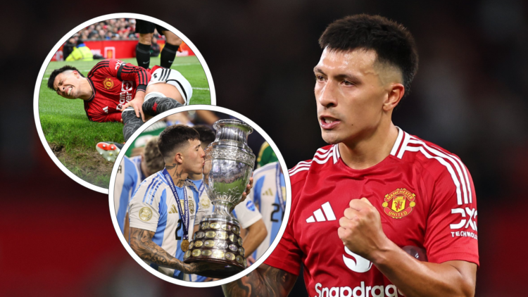 Lisandro Martinez pumps fits, wearing Man Utd shirt. Inset, Martinez in agony injured, inset, Martinez kisses Copa America trophy