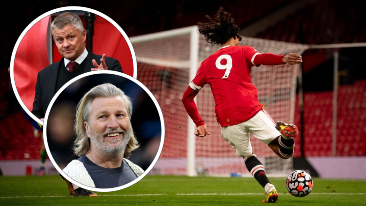 D'Mani Mellor shoots wearing Man Utd 9 shirt. Inset, Solskjaer headshot, inset, Robbie Savage smiles