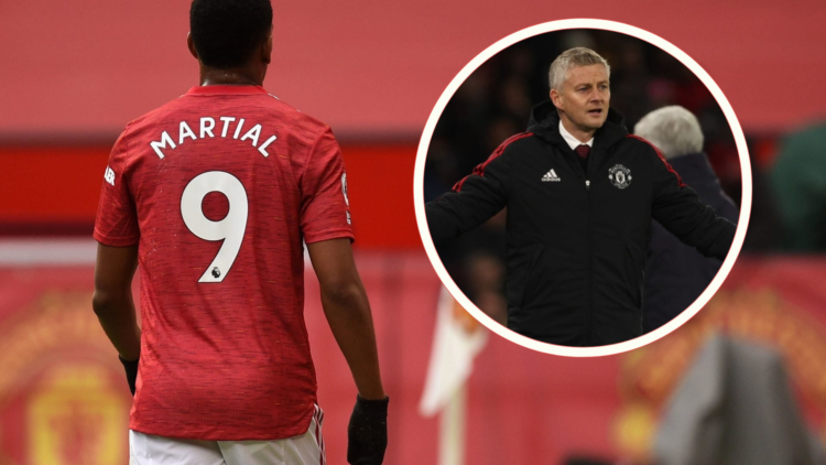Martial Martial walks down tunnel wearing number nine shirt after being sent off. inset Ole Gunnar Solskjaer with his arms out