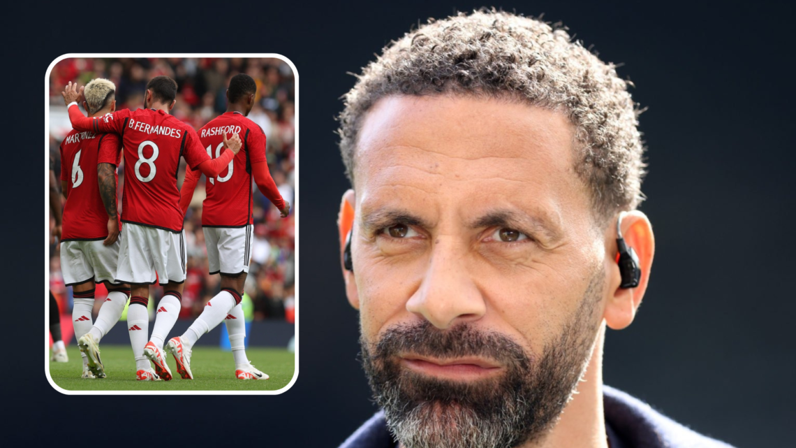 Rio Ferdinand headshot. Inset, Lisandro Martinez, Bruno Fernandes, Marcus Rashford walk off, pictured from the back