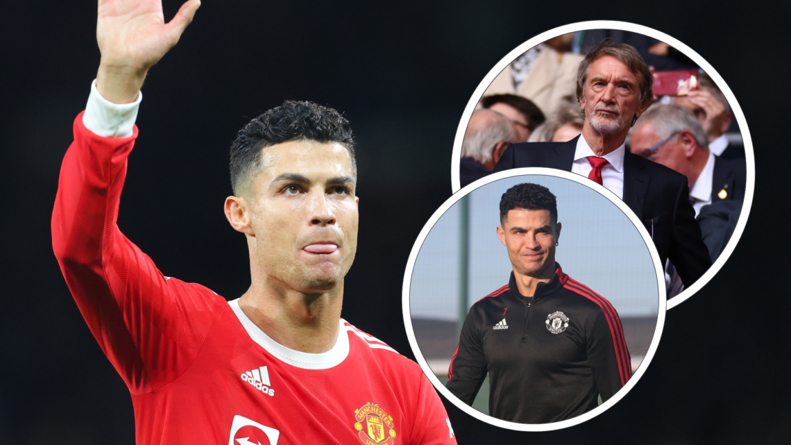 Cristiano Ronaldo in red shirt waves. Inset; Sir jim ratcliffe in suit, inset, ronaldo in black tracksuit