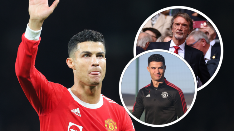 Cristiano Ronaldo in red shirt waves. Inset; Sir jim ratcliffe in suit, inset, ronaldo in black tracksuit