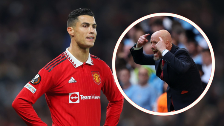 Cristiano Ronaldo with hands on hips. Inset, Erik ten Hag points his fingers to his head