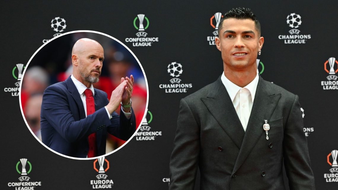 Cristiano RONALDO of Portugal during the UEFA Champions League 2024/2025 Group Stage Draw. Inset, Erik ten Hag.