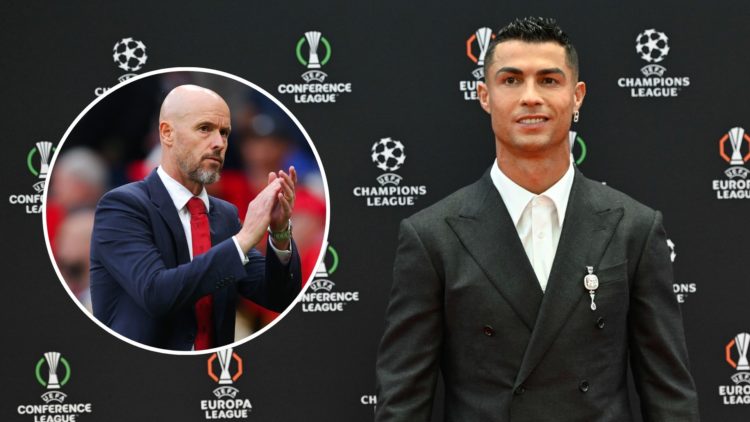 Cristiano RONALDO of Portugal during the UEFA Champions League 2024/2025 Group Stage Draw. Inset, Erik ten Hag.