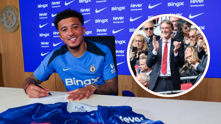 Jadon Sancho signs Chelsea contract. Inset, Sir Jim Ratcliffe applauds