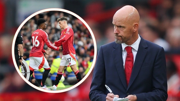 Erik ten Hag makes notes. Inset, Garnacho dejected as he is substituted for Amad