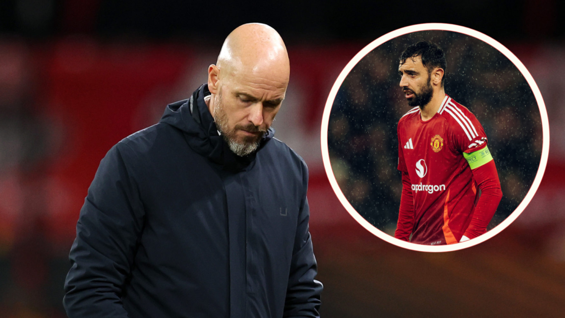 Erik ten Hag looks dejected. Inset, Bruno Fernandes stands in the rain