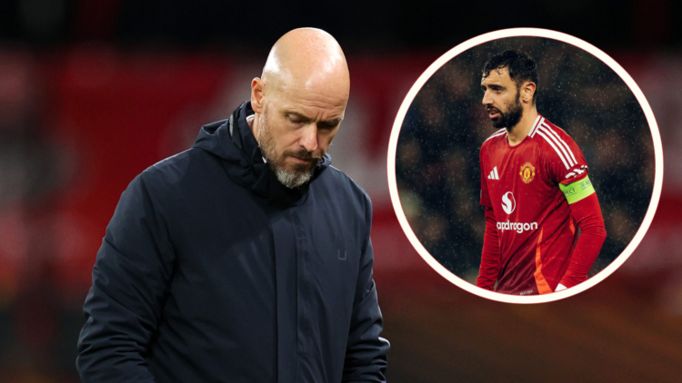 Erik ten Hag looks dejected. Inset, Bruno Fernandes stands in the rain