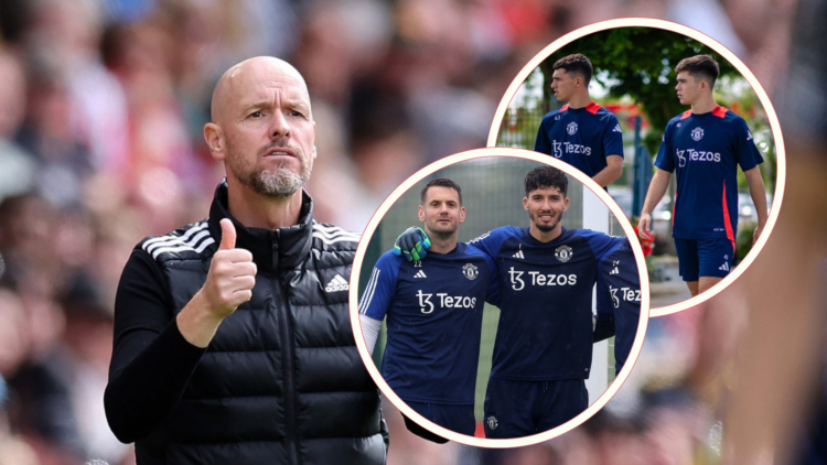 Erik ten Hag puts thumbs up. Inset, James Scanlon and Harry Amass in training gear, Tom Heaton and Altay Bayindir in training