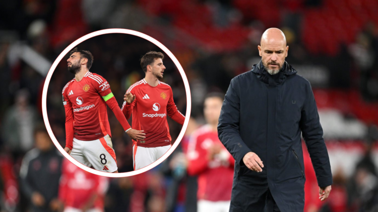 Erik ten Hag walks off dejected. Inset, Bruno Fernandes and Mason Mount look annoyed