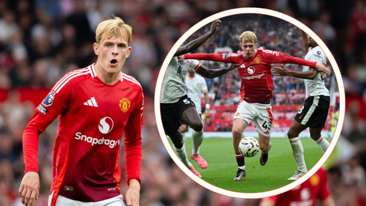 Toby Collyer playing at Old Trafford. Inset, Toby Collyer with arms outstretched, holds off two opponents