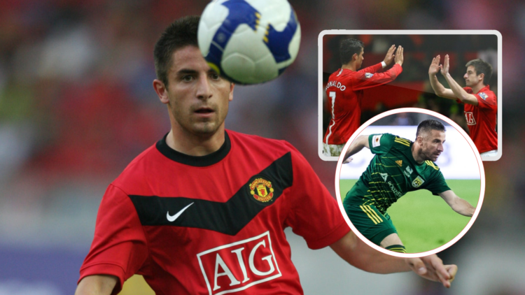 Zoran Tosic playing in pre-season for Manchester United, 2010. Inset top Cristiano Ronaldo replaced by Tosic in substitution. Inset, Tosic playing ...