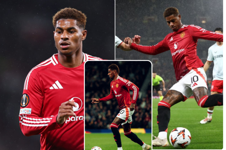 Left - Marcus Rashford jogging vs Twente. Middle - Rashford taking on his defender for Manchester United. Right - Rashford prepares to cross the ba...