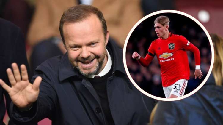 Ed Woodward grins and waves. Inset, Brandon Williams playing for Manchester United