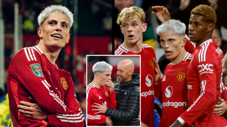 MANCHESTER, ENGLAND - SEPTEMBER 17: Alejandro Garnacho of Manchester United celebrates scoring their third goal during the Carabao Cup Third Round ...