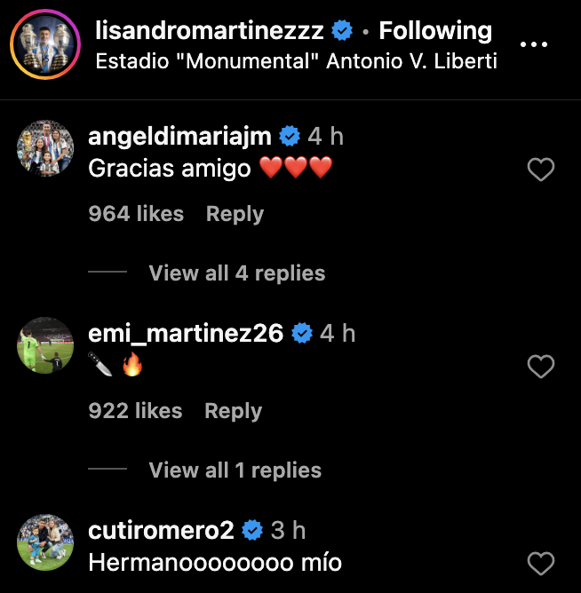 Angel Di Maria’s response to Man United and Argentina star Lisandro Martinez. Credit: Instagram