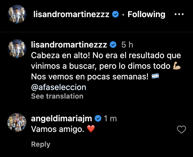 Manchester United flop Angel Di Maria’s response to Lisandro Martinez’s message after Argentina’s defeat to Colombia. Credit: Instagram