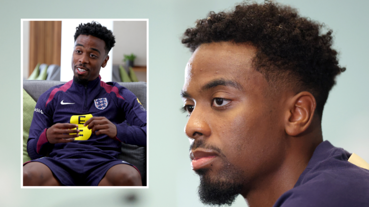 BURTON-UPON-TRENT, ENGLAND - SEPTEMBER 04: Angel Gomes of England speaks to the media during a press conference at St Georges, including an overlay...