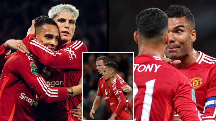 MANCHESTER, ENGLAND - SEPTEMBER 17: Antony of Manchester United celebrates scoring their second goal during the Carabao Cup Third Round match betwe...
