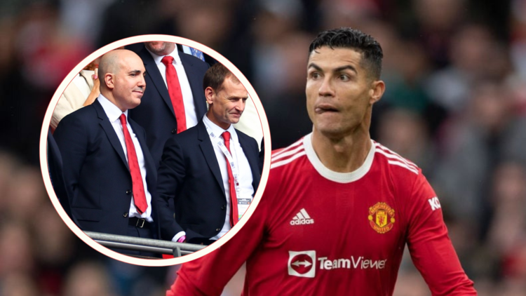 Cristiano Ronaldo, and inset, Omar Berrada and Dan Ashworth in suits