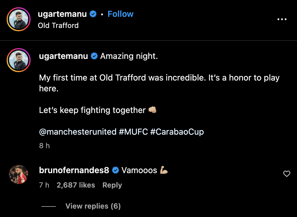 Bruno Fernandes’ message to Manchester United teammate Manuel Ugarte after the Barnsley match. Credit: Instagram