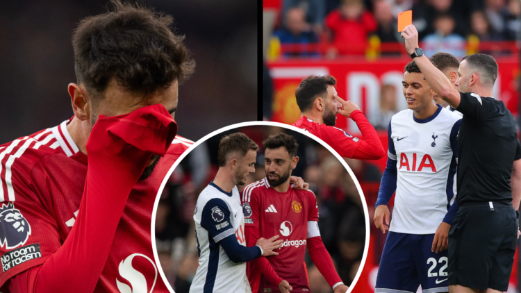 MANCHESTER, ENGLAND - SEPTEMBER 29: Bruno Fernandes of Manchester United is shown a red card by referee Chris Kavanagh during the Premier League ma...