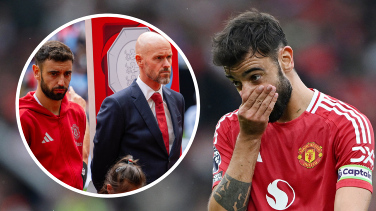 MANCHESTER, ENGLAND - SEPTEMBER 01: Bruno Fernandes of Manchester United shows dejection during the Premier League match between Manchester United ...
