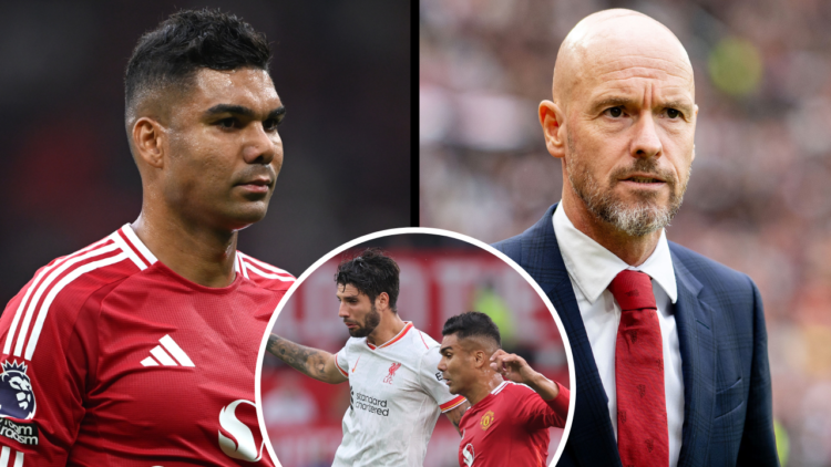 MANCHESTER, ENGLAND - SEPTEMBER 01: Casemiro of Manchester United looks dejected, as they walk off for half time during the Premier League match be...