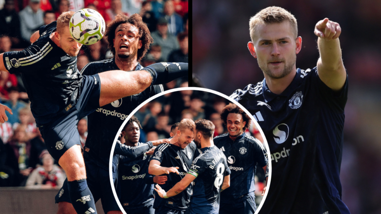 SOUTHAMPTON, ENGLAND - SEPTEMBER 14: Matthijs de Ligt of Manchester United celebrates scoring their first goal during the Premier League match betw...