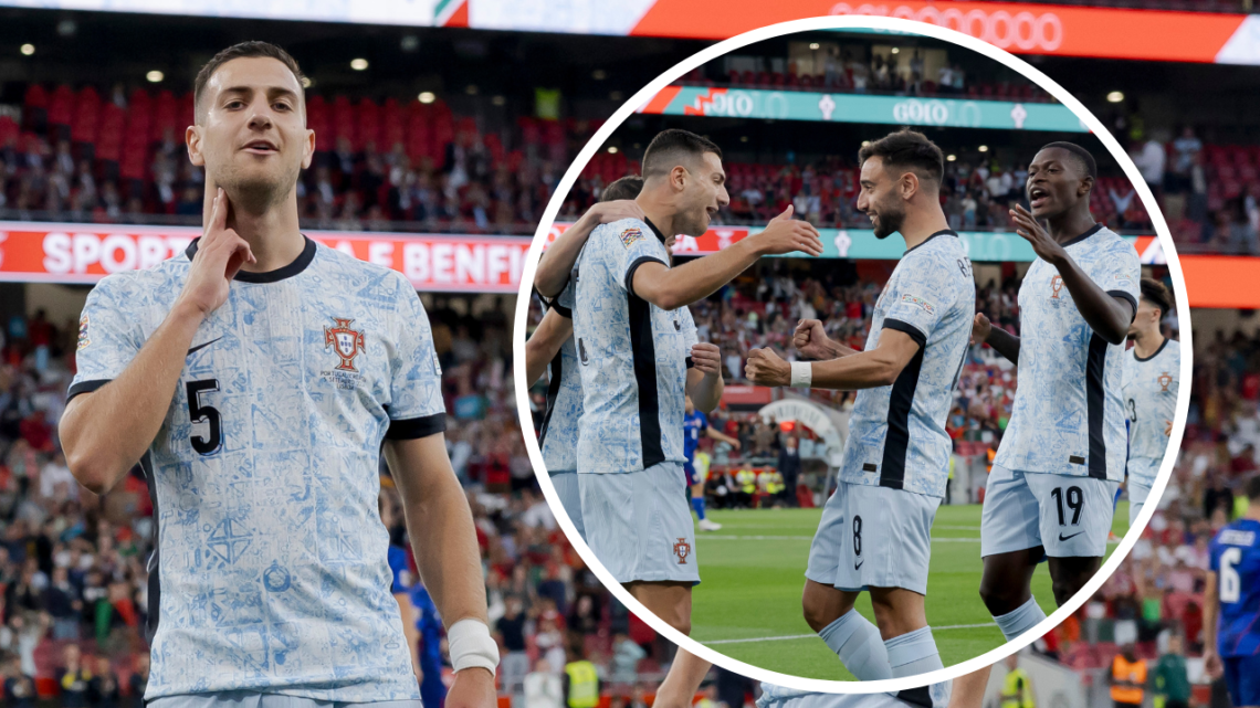 LISBON, PORTUGAL - SEPTEMBER 5: Diogo Dalot of Portugal celebrates 1-0 with Bernardo Silva of Portugal , Bruno Fernandes of Portugal during the UEF...