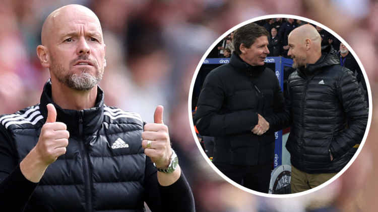 SOUTHAMPTON, ENGLAND - SEPTEMBER 14: A thumbs up from Erik ten Hag Manager / Head Coach of Manchester United during the Premier League match betwee...