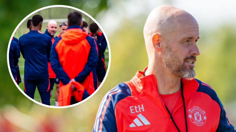 MANCHESTER, ENGLAND - SEPTEMBER 18: (EXCLUSIVE COVERAGE) Manager Erik ten Hag of Manchester United in action during a first team training session a...