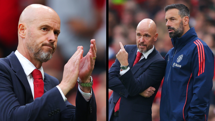 MANCHESTER, ENGLAND - SEPTEMBER 01: Erik ten Hag, manager of Manchester United, with coach Ruud Van Nistelrooy during the Premier League match betw...