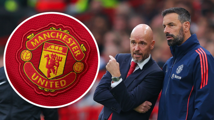 MANCHESTER, ENGLAND - SEPTEMBER 01: Erik ten Hag, manager of Manchester United, with coach Ruud Van Nistelrooy during the Premier League match betw...