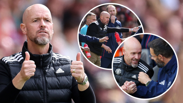 SOUTHAMPTON, ENGLAND - SEPTEMBER 14: A thumbs up from Erik ten Hag Manager / Head Coach of Manchester United during the Premier League match betwee...