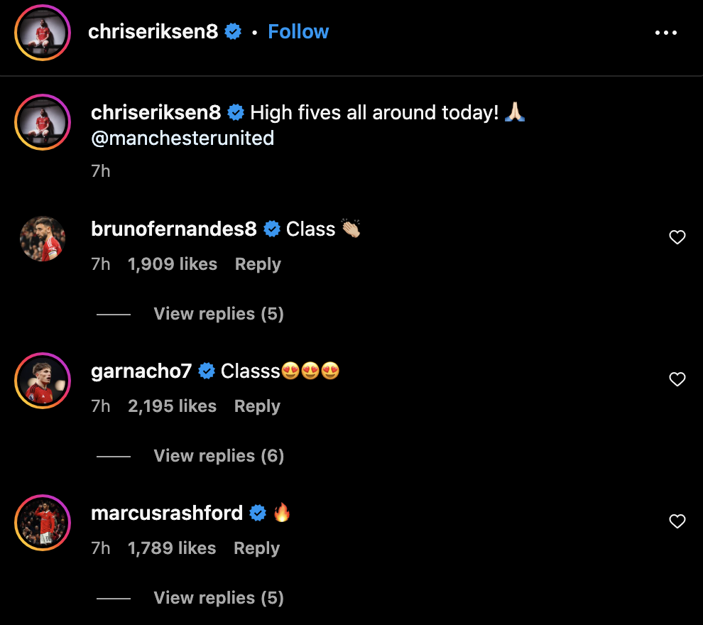 Alejandro Garnacho and Bruno Fernandes both reacted to a post from Manchester United star Christian Eriksen. Credit: Instagram