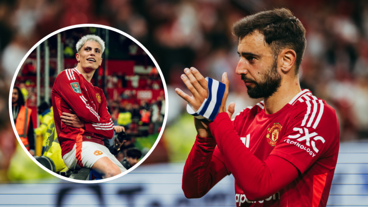 MANCHESTER, ENGLAND - SEPTEMBER 17: Bruno Fernandes of Manchester United applauds fans following the Carabao Cup Third Round match between Manchest...