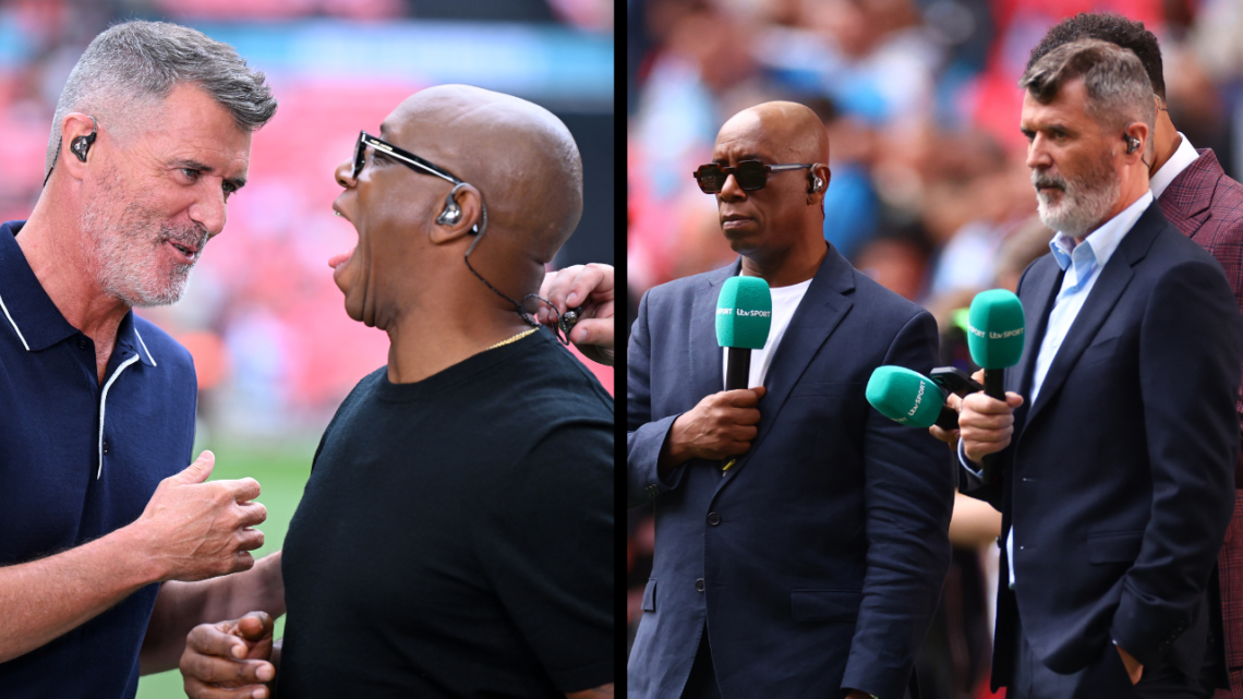 LONDON, ENGLAND - AUGUST 10: Pundits and former football players Roy Keane and Ian Wright share a joke prior to the 2024 FA Community Shield match ...