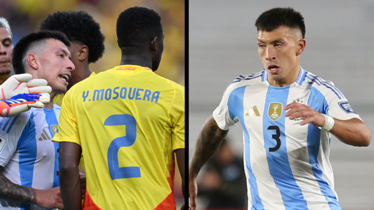 Argentina's defender Lisandro Martinez (C) argues with Colombia's defender Yerson Mosquera during the 2026 FIFA World Cup South American qualifiers...