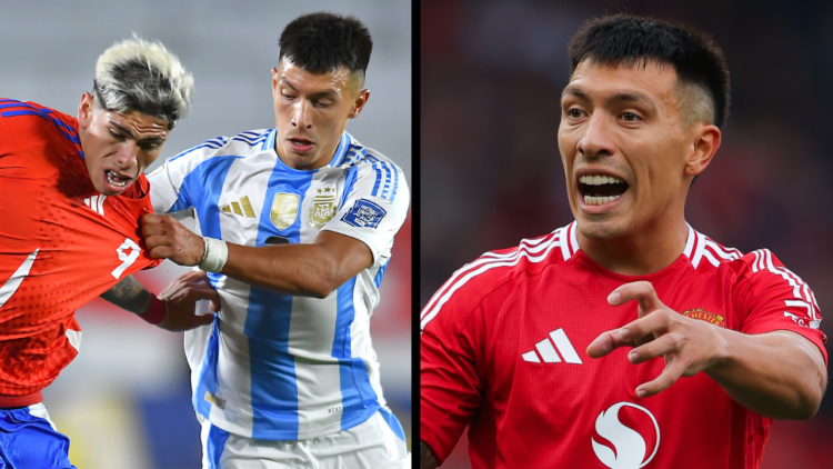 BUENOS AIRES, ARGENTINA - SEPTEMBER 05: Carlos Palacios of Chile competes for the ball with Lisandro Martinez of Argentina during the FIFA World Cu...