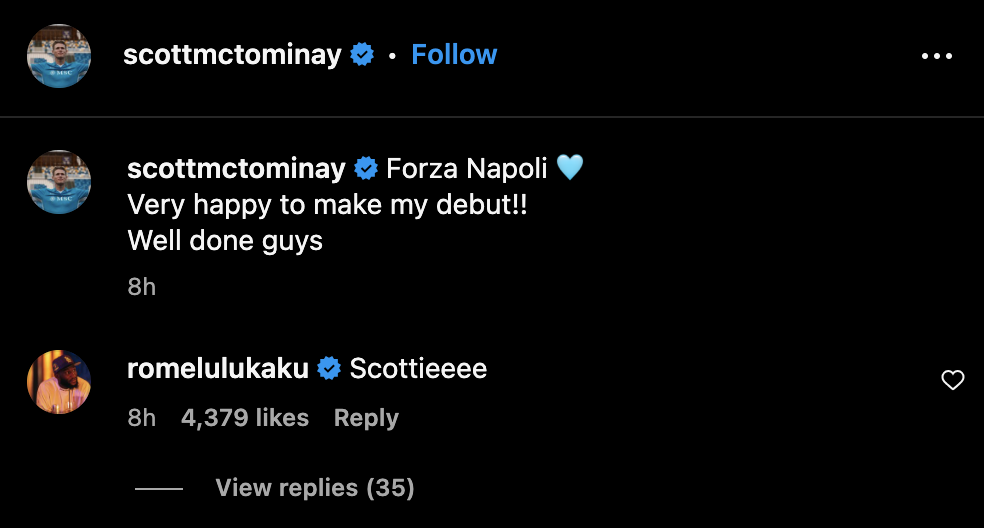 Former Manchester United striker Romelu Lukaku’s message to Napoli teammate Scott McTominay. Credit: Instagram 